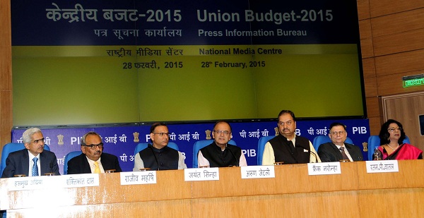 The Union Minister for Finance, Corporate Affairs and Information & Broadcasting, Shri Arun Jaitley addressing a Post Budget Press Conference, in New Delhi on February 28, 2015. The Minister of State for Finance, Shri Jayant Sinha, and the Director General (M&C), Press Information Bureau, Shri A.P. Frank Noronha are also seen. 