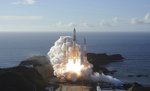 In this photo released by MHI, an H-IIA rocket with United Arab Emirates’ Mars orbiter Hope lifts off from Tanegashima Space Center in Kagoshima, southern Japan Monday, July 20, 2020.