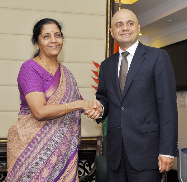 MP, Secretary of state for Business, Innovation and Skill, U.K. Sajid Javid meeting the Minister of State for Commerce & Industry (Independent Charge) Nirmala Sitharaman, in New Delhi