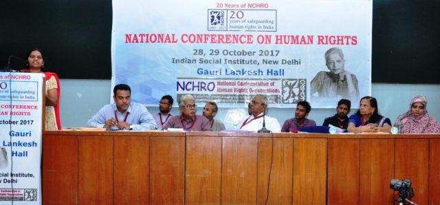 Mrs. Vasantha Saibaba, wife of Delhi University’s jailed Prof. G. N. Saibaba, addressing the NCHRO’s National Conference in New Delhi. 