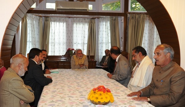 PDP delegation led by party General Secretary Mohammad Dillawar Mir at a meeting with Prime Minister Mr Narendra Modi in Srinagar 
