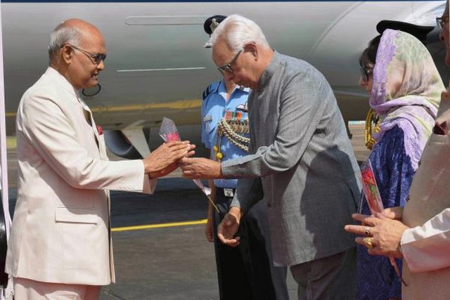 President Ram Nath Kovind being greeted by Jammu and Kashmir Governor NN Vohra on his arrival in Jammu on Wednesday. (PTI)