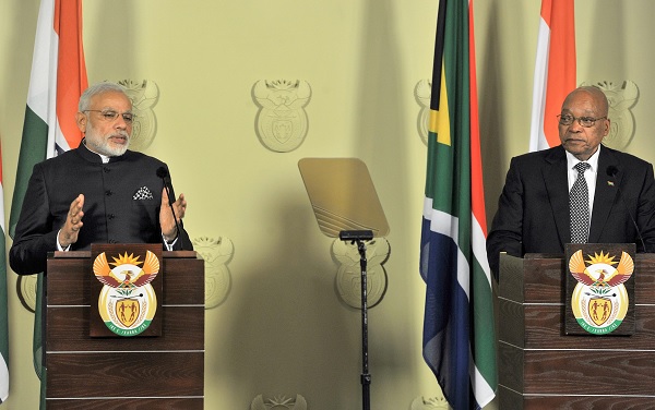Prime Minister Narendra Modi and the President of the Republic of South Africa, Jacob Zuma, during the Joint Press Statement, at Union Buildings, in Pretoria, South Africa 