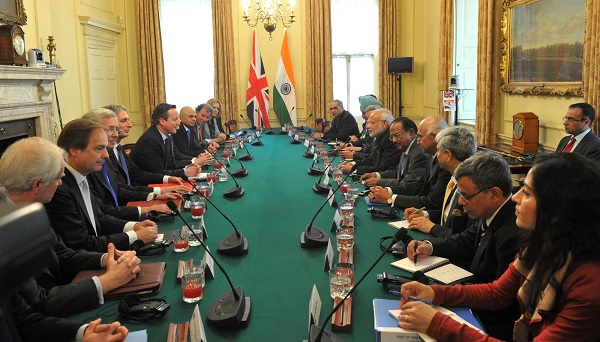 Prime Minister Narendra Modi and the Prime Minister of United Kingdom (UK), Mr. David Cameroon, at delegation-level talks, in 10 Downing Street, London