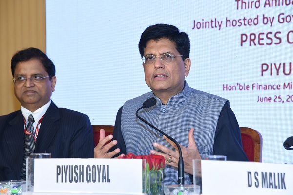 Subhash C Garg, Secretary Department of Economic Affairs, Ministry of Finance & Piyush Goyal, Union Minister for Railways, Coal, Finance & Corporate Affairs, addressing Press Conference during the 3rd Annual Meeting of AIIB in Mumbai.