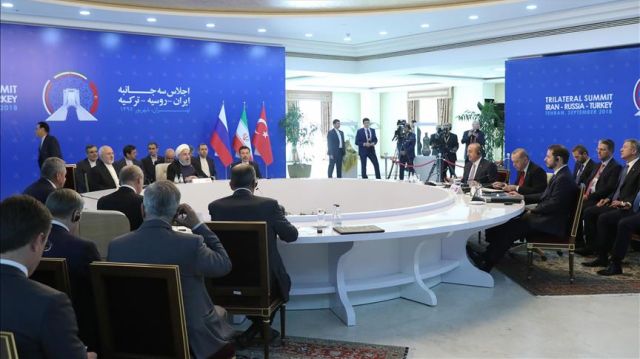 President of Turkey Erdogan, President of Iran Rouhani and President of Russia Putin attend trilateral summit on September 7, 2018 in Tehran, Iran.