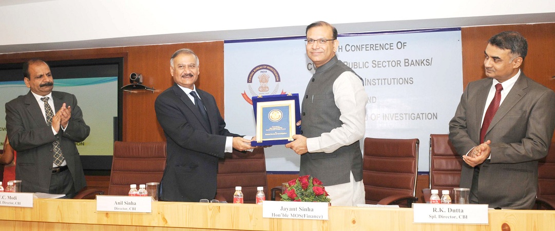 The Minister of State for Finance, Shri Jayant Sinha being presented a memento by the Director of CBI, Shri Anil Sinha, at the inauguration of the 6th Conference of Chief Vigilance Officers of Public Sector Banks & Financial Institutions and CBI, organised by the Central Bureau of Investigation, in New Delhi on July 17, 2015.(Photo:PIB)