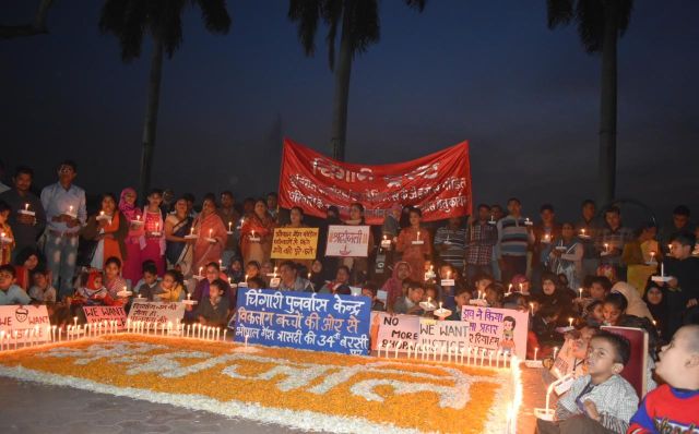 Special children with congenital disabilities of Chingari Rehabilitation Centre holding a peaceful candlelight vigil to pay a tribute to the martyrs of Bhopal’s Union Carbide gas leak at Neelam Park on Saturday evening.