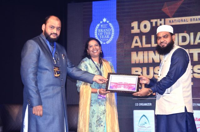 Mrs Jahan Ara,Interiors Designer, Kolkatar eceiving certificate from Abu Talha jamal Qasmi along with Danish Reyaz , Photo: Maeeshat