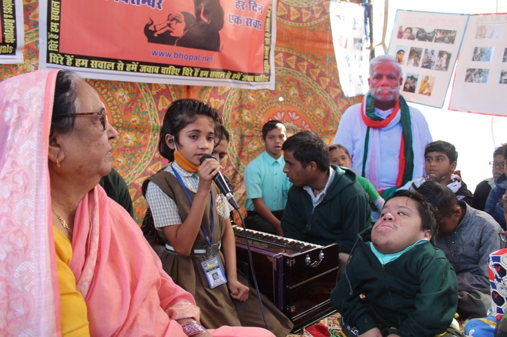 The 19-year-old Mohammad Zaid, child of gas-exposed parents, who suffers from CTEV (Congenital talipes equino varus) and other physical deformities and other such children seen joining the Bhopal Gas Disaster survivors on the 35th day of the ongoing dharna.