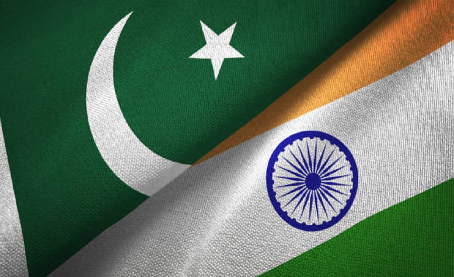 Pakistan and India flags together relations textile cloth, fabric texture