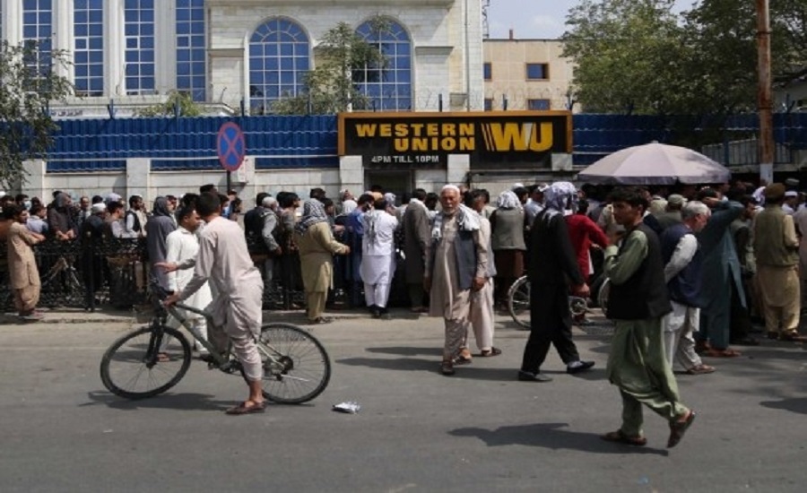People line up in front of a bank in Kabul, capital of Afghanistan, Aug. 31, 2021. (Photo by Kabir/Xinhua/IANS)
